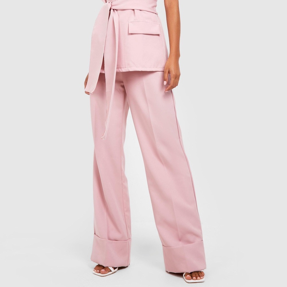 Boohoo Turn Cuff Wide Leg Blush Dress Pants